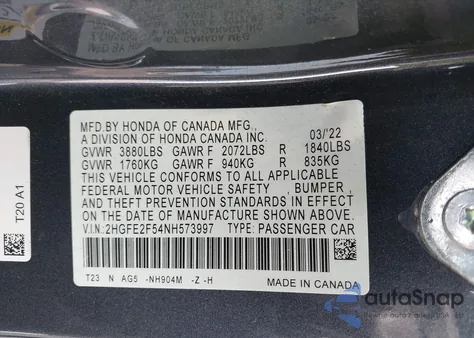2022 Honda Civic Sport z USA, uszkodzony, nr VIN 2HGFE2F54NH573997